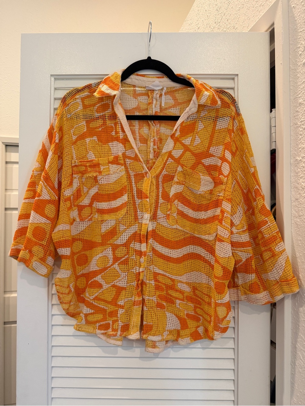 Urban Outfitters Out from Under Orange & White Mesh Cover Up Button-Down Top